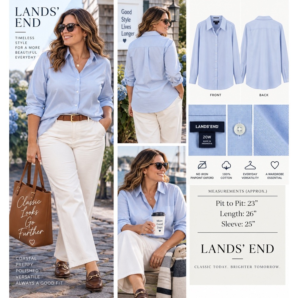 Lands End 20W Blue No Iron Pinpoint Oxford Shirt Coastal Preppy Cotton Americana